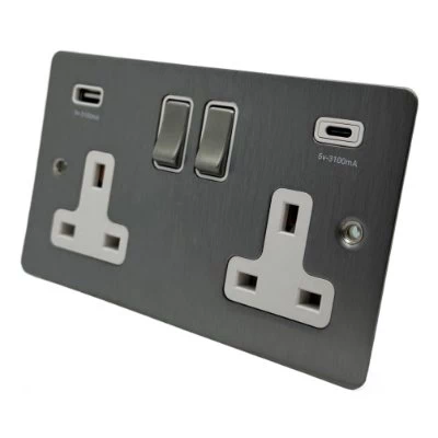 Slim Satin Stainless Plug Socket with USB Charging