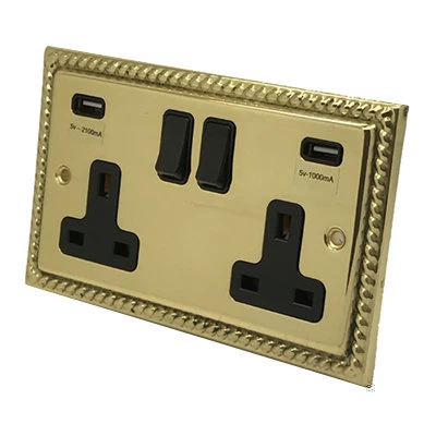 Rope Edge Polished Brass Plug Socket with USB Charging