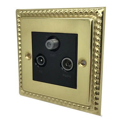 Rope Edge Polished Brass TV, FM and SKY Socket