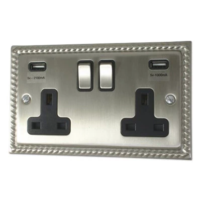 Rope Edge Satin Nickel Plug Socket with USB Charging