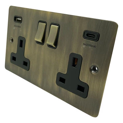 Slim Antique Brass Plug Socket with USB Charging