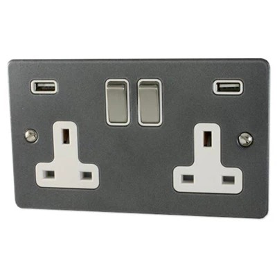 Slim Dark Pewter Plug Socket with USB Charging