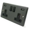 2 Gang - Double 13 Amp Plug Socket with 2 USB A Charging Ports - Black Trim