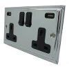 2 Gang - Double 13 Amp Plug Socket with 2 USB A Charging Ports : Black Trim