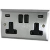 2 Gang - Double 13 Amp Plug Socket with 2 USB A Charging Ports : Black Trim