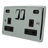 2 Gang - Double 13 Amp Plug Socket with USB A Charging Ports - Black Trim